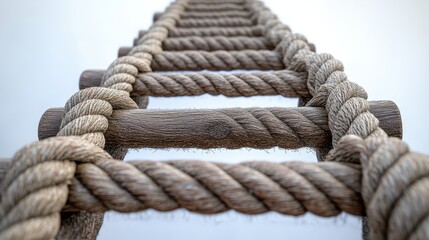 Fototapeta premium A sturdy, vertical rope ladder, a testament to ingenuity and versatility, stood against a blank backdrop, inviting either adventurous exploration or decorative embellishment.