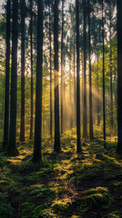 Sunlit Forest Majesty: Sunlight streams through the towering trees of an enchanting forest, casting an ethereal glow on the forest floor and evoking a sense of serenity.