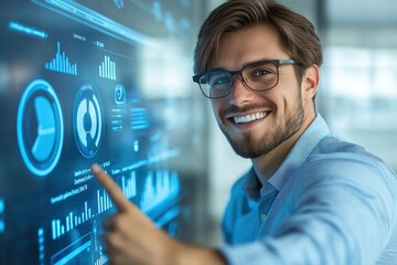 Smiling man interacts with a futuristic digital interface, displaying graphs and charts.  A modern business technology concept.
