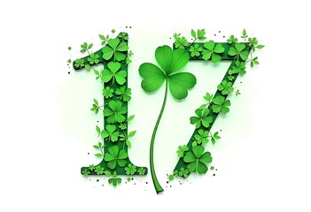 St patrick day. The number 17 in green is decorated with clover on a white background