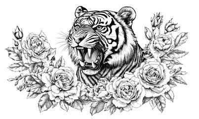 Obraz premium Roaring tiger with roses and leaves, detailed floral and animal art, linear icons set, vector.
