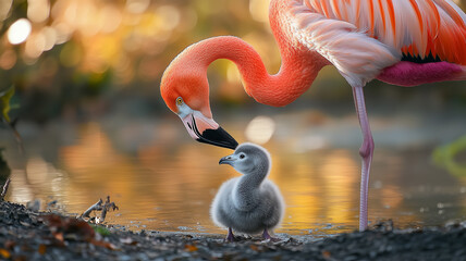 Fototapeta premium 日本のフラミンゴの親子が寄り添う愛らしい瞬間