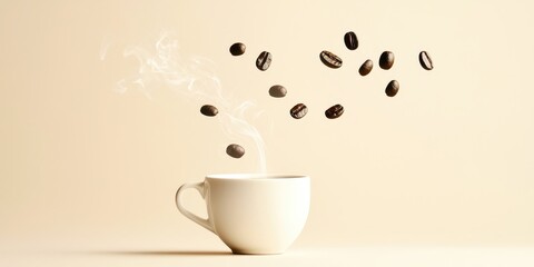 Obraz premium A white coffee cup with coffee beans flying out of it