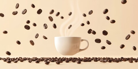 Obraz premium A white coffee cup with steam rising from it and coffee beans flying around it