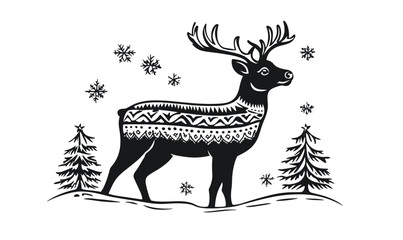 Obraz premium Stylized reindeer with snowflakes and trees, winter holiday season, linear icons set, vector.