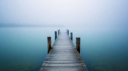 Fototapeta premium A misty dock stretches into the foggy expanse of a tranquil lake, disappearing into mystery and inviting reflection.