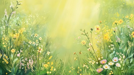 Obraz premium Impressionistic Meadow Painting with Wildflowers, Sunlight and Lush Greenery for Spring or Summer Background.