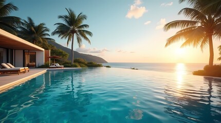 Sunset swimming pool at a tropical resort by the beach with palm trees and ocean views, perfect for a relaxing vacation in paradise