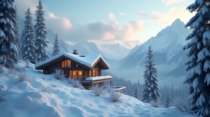Cozy House in the Snowy Alps with a Winter Mountain Landscape