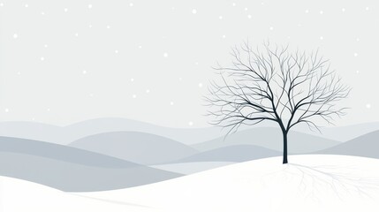 Fototapeta premium Minimalist Winter Landscape with Snow-Covered Hills and Bare Tree in Soft Gray Tones.