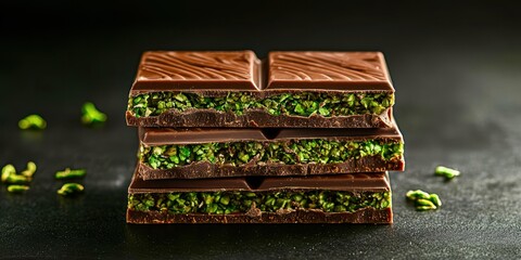Three chocolate bars stacked on top of each other with green nuts on top
