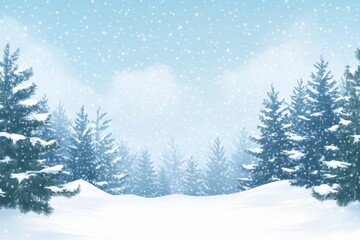 Fototapeta premium Serene Winter Landscape with Snow-Covered Evergreen Trees and Gentle Snowfall, Artistic Illustration