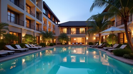 Fototapeta premium Luxury resort swimming pool at night with palm trees and tropical villa