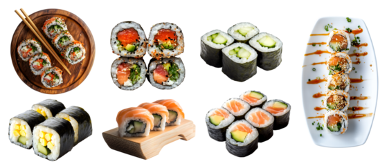 Collection set of Maki roll sushi, many ingredient angles and view side top front plate, tuna salmon seaweed cucumber avocado roe corn on transparent cutout PNG file. Mockup template for design