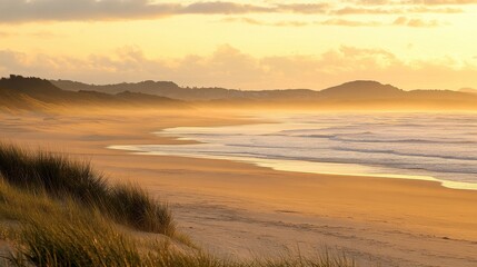 Golden Hour at the Beach Tranquil Coastal Landscape with Soft Light and Rolling Waves.