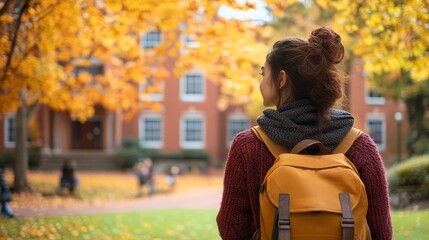 Autumn Campus View: Young Woman with Backpack on College Grounds