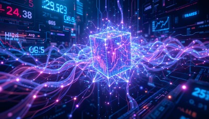 Fototapeta premium A glowing AI-powered trading system with futuristic digital graphs and financial data. A neon blue blockchain network with stock market analytics, symbolizing fintech, AI investments, and digital fina