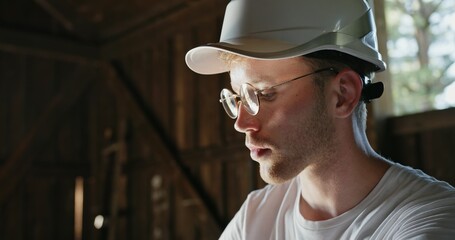 A Focused Construction Worker Wearing a Hard Hat and Glasses Engaged in His Task