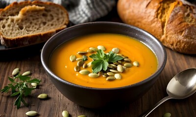 A warm bowl of homemade pumpkin soup garnished with roasted seeds and fresh herbs, placed next to a rustic loaf of bread on a wooden table with a cozy knitted blanket in the background