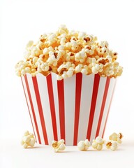 Close-up of striped popcorn bucket filled with popcorn on white background.