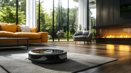 A sleek, futuristic robot vacuum cleaner, its advanced design and multi-task features, swept through a modern living room, leaving a spotless trail in its wake.