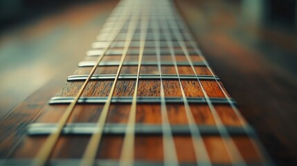 Close-up shot of guitar strings stretching into the distance, emphasizing the instrument's craftsmanship and musical potential.