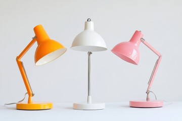 Three Vibrant Desk Lamps in Orange, Pink, and White