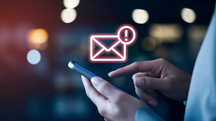 Spam or Phishing Email Alert – Glowing Red Email Notification on Smartphone, spam email alert, phishing email warning, cybersecurity awareness, email scam notification