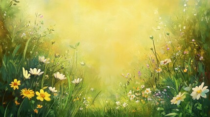 Obraz premium Impressionistic Meadow Landscape Painting with Wildflowers, Lush Green Grass, and Sunny Yellow Sky, Artistic Floral Background.
