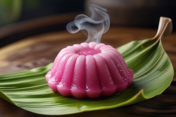 A warm-lit pink Kue Mangkok steaming on a banana leaf.