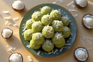 A dish of warm green klepon with fresh coconut in soft golden light.
