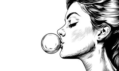 Woman blowing bubble gum, side profile, linear art icons set, vector.