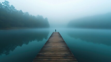Solitary figure on a misty lake pier, wooden planks extending into tranquil water. Perfect for themes of solitude, reflection, or peaceful contemplation.