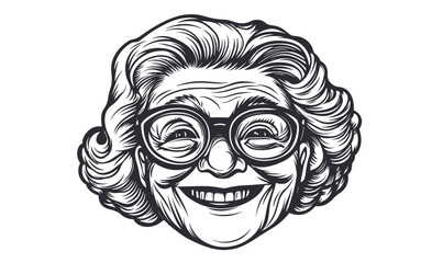 Smiling elderly woman with glasses headshot in black and white - linear vector icons set.