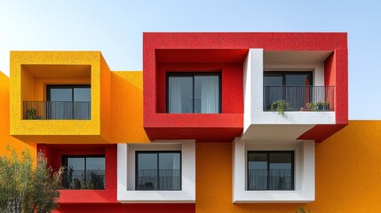 Fototapeta premium Modern architecture facade with cube shapes, showcasing a unique colorful urban design