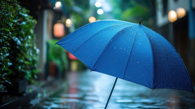 A classic blue umbrella, adorned with intricate details, stood sentinel against the impending rain, its sturdy frame promising protection from the urban deluge.