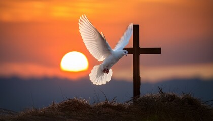 Fototapeta premium A photograph of a white dove in flight above a cross, with the background showcasing the dawn or rising sun, symbolizing peace and hope. 