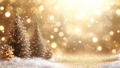 Golden Christmas tree display with snow. Holiday decor, background, greeting