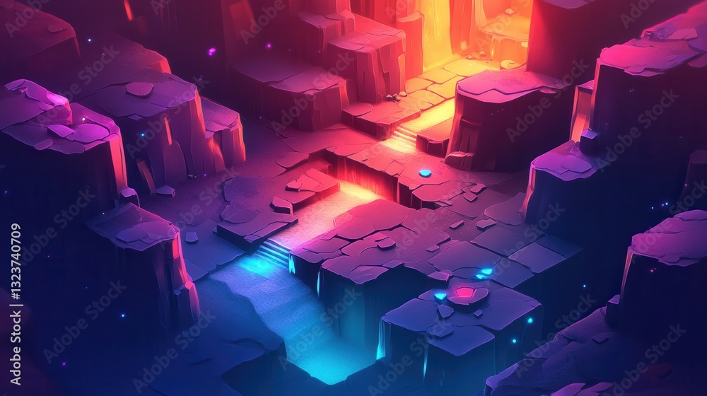 Poster Vivid isometric terrain with colorful lighting and 3D UI elements designed for gaming environments crafted for immersive experiences