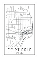 Hand drawn printable downtown road map poster of the Canadian city of FORT ERIE on solid white background with city name