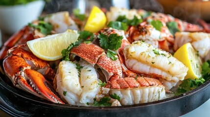 Elegant seafood feast with crab legs, prawns, and lobster, served steaming on a platter with fresh cilantro and lemon wedges.