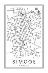 Hand drawn printable downtown road map poster of the Canadian city of SIMCOE on solid white background with city name