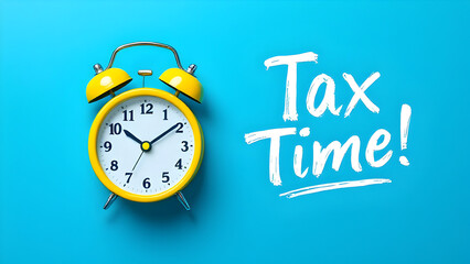 Tax time reminder with yellow and blue background and alarm watch, financial year, income tax filling.