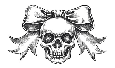 Fototapeta premium Skull with ribbon illustration - black and white vector, linear icons set.
