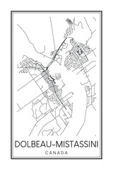 Hand drawn printable downtown road map poster of the Canadian city of DOLBEAU-MISTASSINI on solid white background with city name