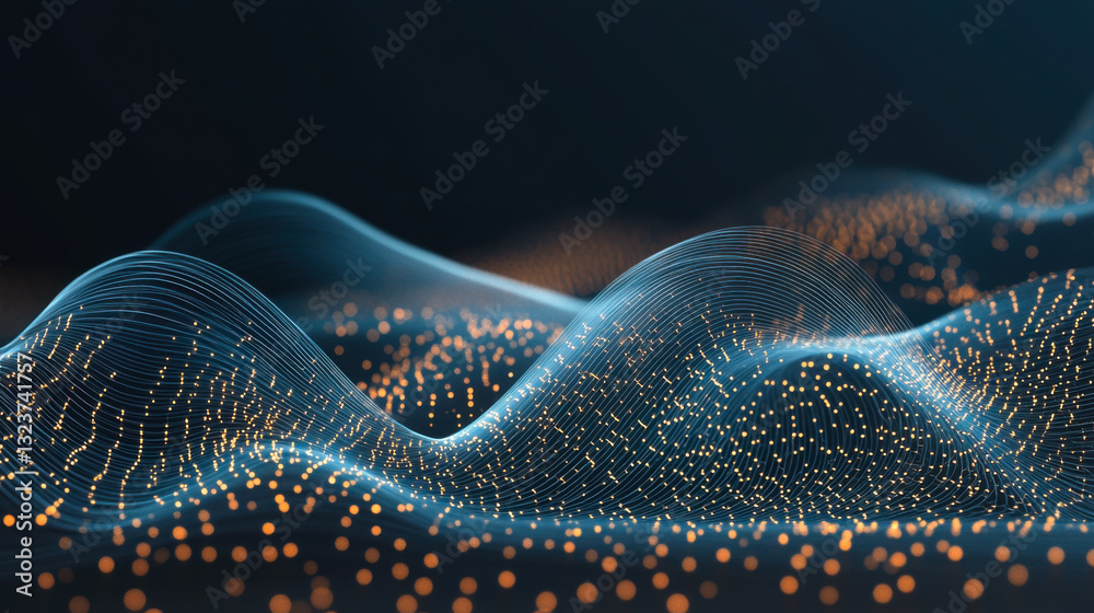 Aufkleber Waves of glowing particles create a dynamic visual effect in a dark setting with soft blue lines