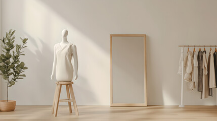 A  frame mannequin sits in a minimalist room with clothes racks and a full-length mirror.