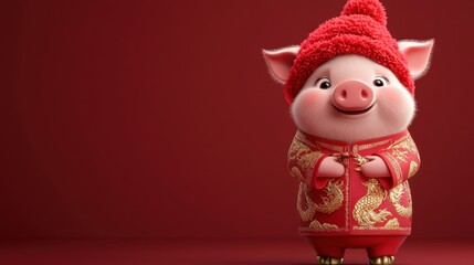 Adorable Cartoon Pig Character in Festive Red Outfit with Cozy Hat on Vibrant Background