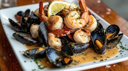 Freshly steamed seafood platter with shrimp, mussels, and lobster, displayed on a rustic wooden table with garnishes and sauces.