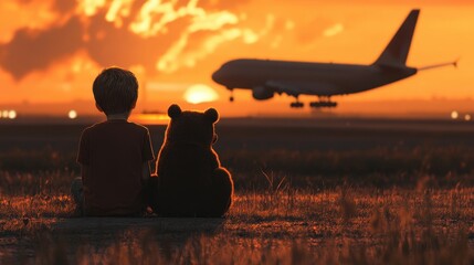 Silhouette of child and teddy bear watching sunset and airplane landing. Ideal for themes of travel, farewells, or childhood memories.